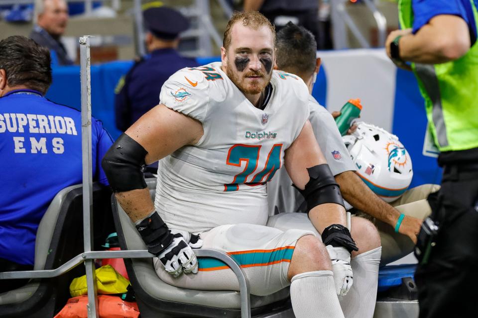 Dolphins guard Liam Eichenberg injured a knee against the Lions on Oct. 30 and appeared in only two games thereafter.