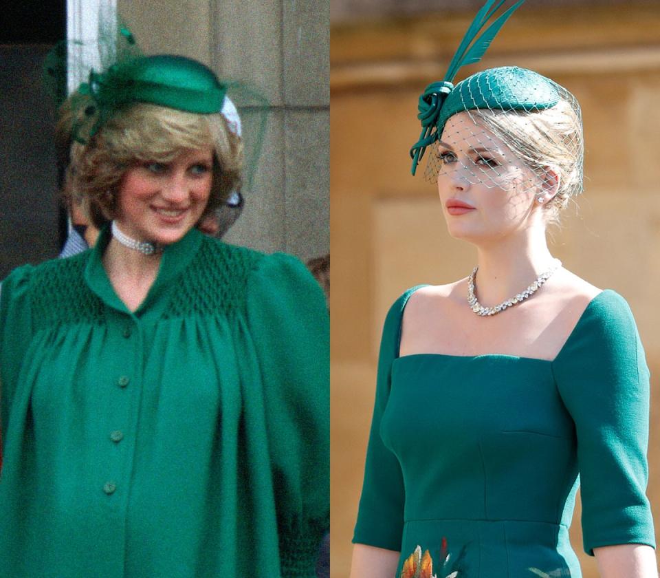 <p>Diana attended the annual <a href="https://www.townandcountrymag.com/society/tradition/a10016954/trooping-the-colour-facts/" rel="nofollow noopener" target="_blank" data-ylk="slk:Trooping the Colour;elm:context_link;itc:0;sec:content-canvas" class="link ">Trooping the Colour</a> parade in 1982 dressed in an emerald maternity gown, choker, and green hat. For <a href="https://www.townandcountrymag.com/society/tradition/g14522381/prince-harry-meghan-markle-royal-wedding-2018-photos/" rel="nofollow noopener" target="_blank" data-ylk="slk:Prince Harry and Meghan Markle's royal wedding;elm:context_link;itc:0;sec:content-canvas" class="link ">Prince Harry and Meghan Markle's royal wedding</a>, Lady Kitty Spencer chose a similarly-colored dress and fascinator. </p>