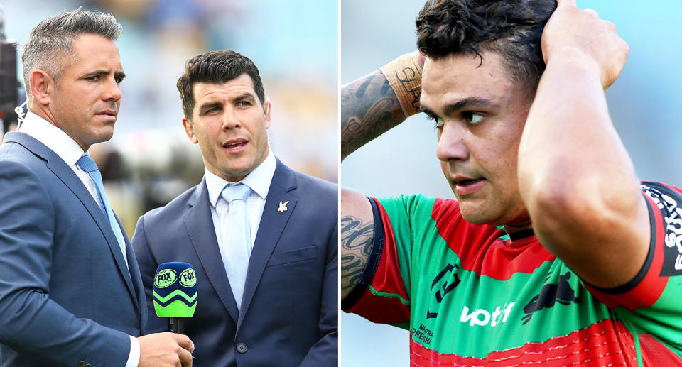 Pictured left to right, NRL greats Corey Parker and Michael Ennis and Souths fullback Latrell Mitchell.