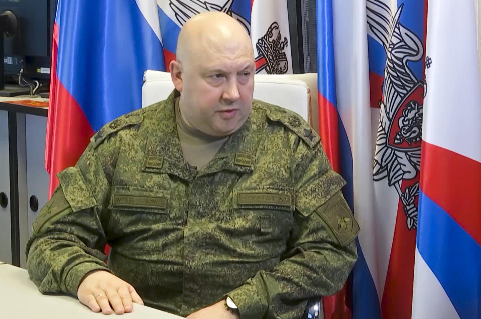 FILE - In this handout photo taken from video released by Russian Defense Ministry Press Service, Oct. 18, 2022, Russia’s president has succeeded in exiling Wagner mercenary head Yevgeny Prigozhin, who led a brief mutiny last week, but the fate of several top generals is still unclear. There were unconfirmed reports that one of them with ties to Prigozhin has been arrested and another was mysteriously absent from several events attended by President Vladimir Putin and embattled Defense Minister Sergei Shoigu. (Russian Defense Ministry Press Service via AP, File)