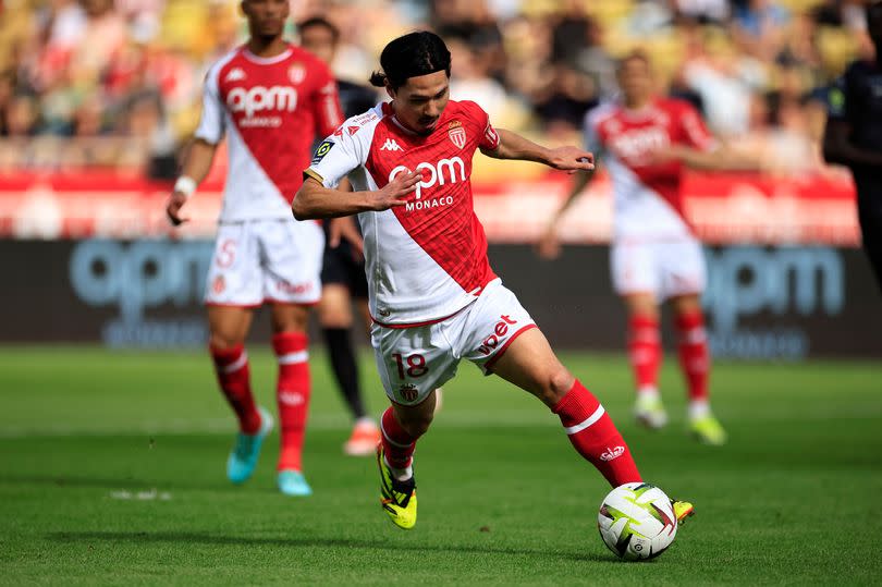 Takumi Minamino controls the ball during the French L1 football match between AS Monaco and Clermont Foot 63 at the Louis II Stadium (Stade Louis II) in the Principality of Monaco on May 4, 2024.