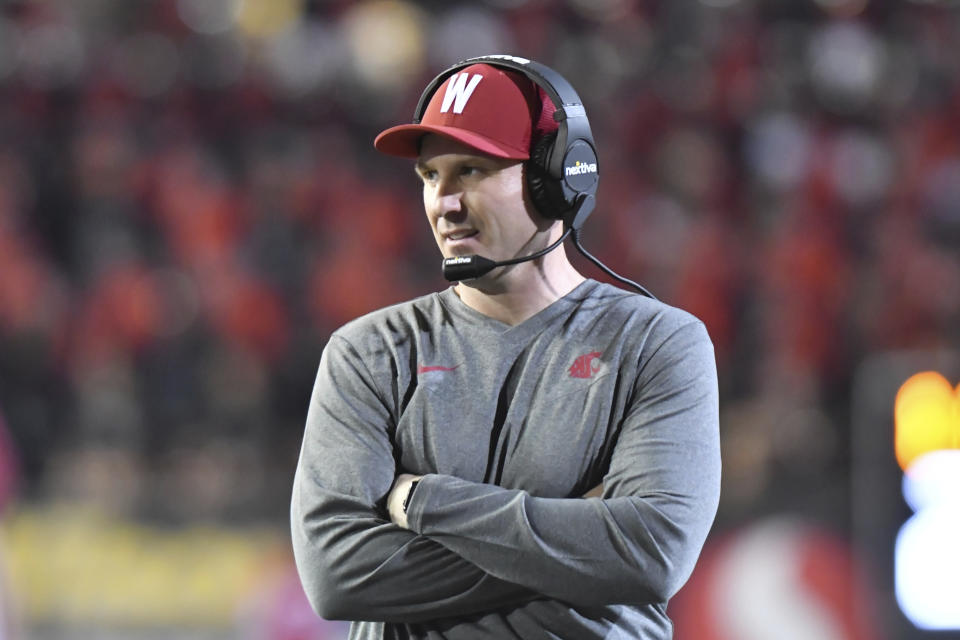 Washington State head coach Jake Dickert looks at the officials during the second half of an NCAA college football game Saturday, Oct. 15, 2022, in Corvallis, Ore. Oregon State won the game against Washington State with a final score of 24-10. (AP Photo/Mark Ylen)