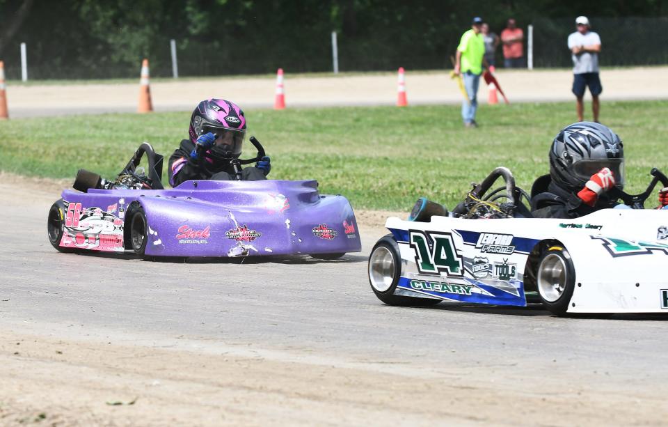 Kart racing returns this Sunday to Bohmer's Rt.66 Raceway. Harrison Cleary leads Tynley Bowen in a recent event. Gates will open at 10:30 a.m., practice is at noon and racing will follow. The track is located on Old Route 66 between Pontiac and Chenoa.