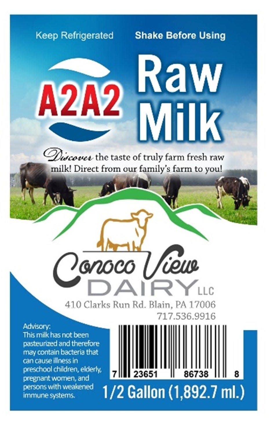 Conoco View Dairy raw milk in plastic pints, quart, and gallons, as well as glass quarts were sold at the dairy’s retail outlet at 410 Clarks Run Road in Blain, Perry County and retail locations.