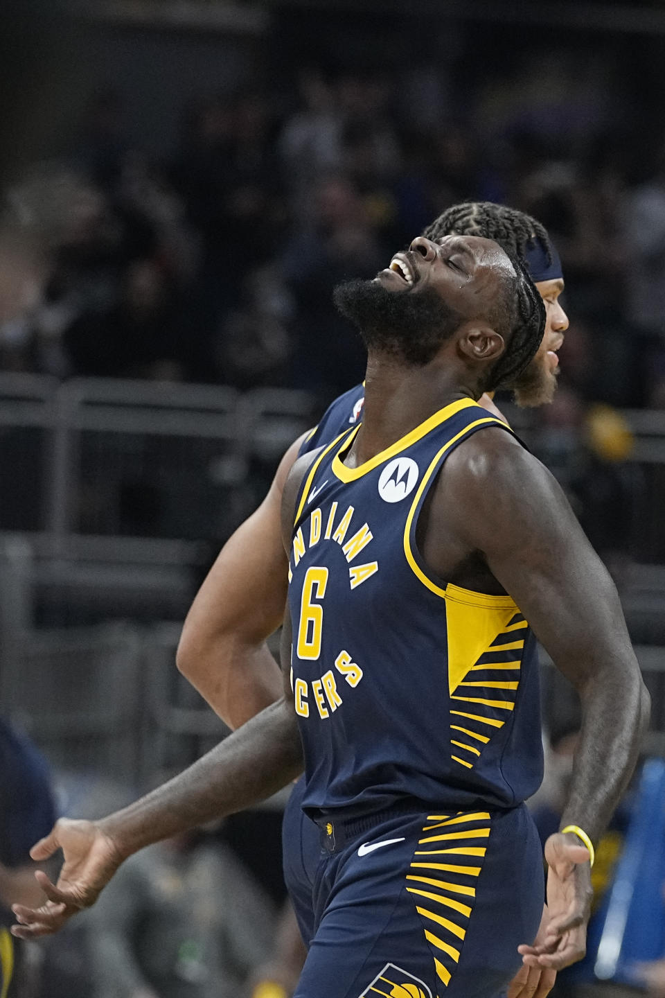 Indiana Pacers' Lance Stephenson reacts at the end of the first quarter of the team's NBA basketball game against the Brooklyn Nets, Wednesday, Jan. 5, 2022, in Indianapolis. (AP Photo/Darron Cummings)