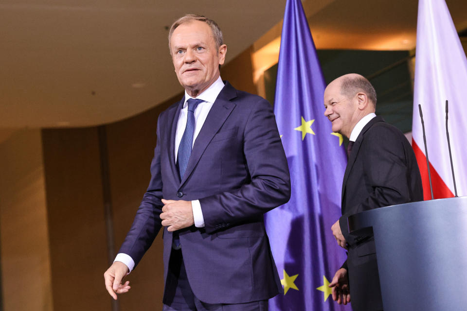 BERLIN, GERMANY - FEBRUARY 12: German Chancellor Olaf Scholz (R) and Polish Prime Minister Donald Tusk leave following a joint press conference at the Chancellery on February 12, 2024 in Berlin, Germany. This is Tusk's first trip to Germany since becoming Poland's prime minister following Polish elections last last year. (Photo by Omer Messinger/Getty Images)