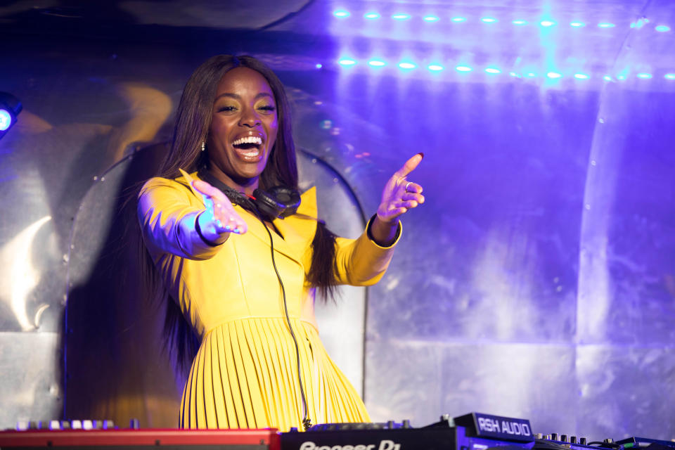 EDITORIAL USE ONLY DJ AJ Odudu performs during the Seven Dials Christmas lights switch on, in partnership with housing and homelessness charity Shelter, London.