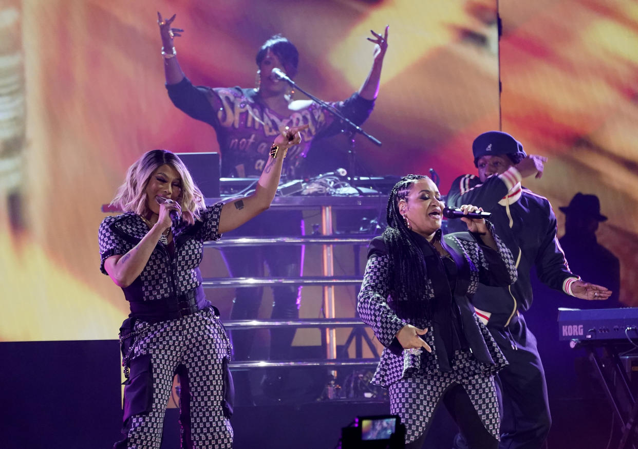 Sandra Denton, left, and Cheryl James of Salt-N-Peppa performs "My Mic Sounds Nice" at the 65th annual Grammy Awards on Sunday, Feb. 5, 2023, in Los Angeles. (AP Photo/Chris Pizzello)