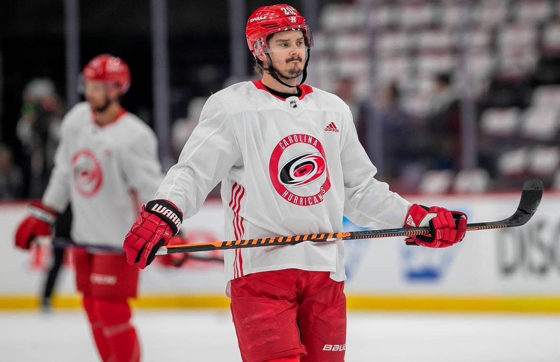 The Carolina Hurricanes Sebastian Aho (20) during the morning skate on Wednesday, May 24, 2023, ahead of Game 4 of the Eastern Conference Finals against the Florida Panthers, at FLA Live Arena in Sunrise, Fla. Robert Willett/rwillett@newsobserver.com