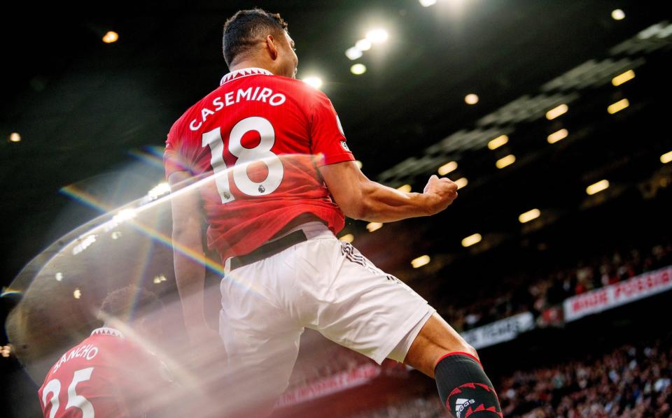 Casemiro of Manchester United celebrates after scoring their sides first goal during the Premier League match between Manchester United and Chelsea FC - Ash Donelon/Manchester United via Getty Images