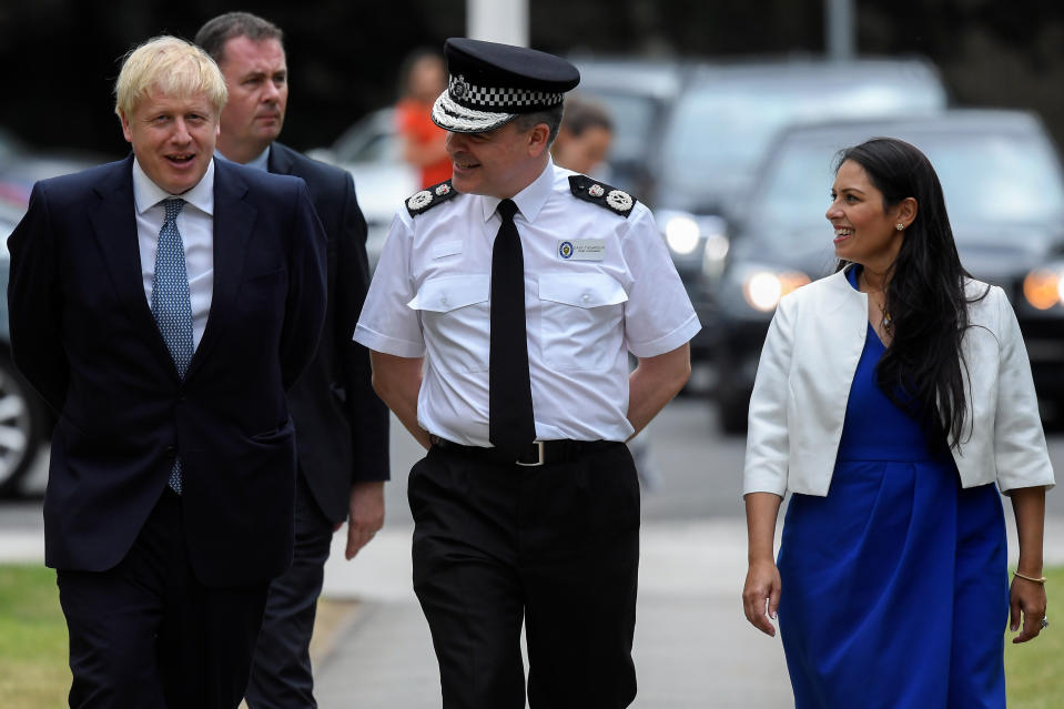 Prime Minister Boris Johnson and Home Secretary Priti Patel meet with Chief Constable of West Midlands Police Dave Thompson as they arrive at West Midlands Police Learning and Development Centre, Birmingham, where he will announce his plan to recruit an extra 20,000 police officers and an urgent review will take place of plans to make it easier for forces to use stop-and-search powers.