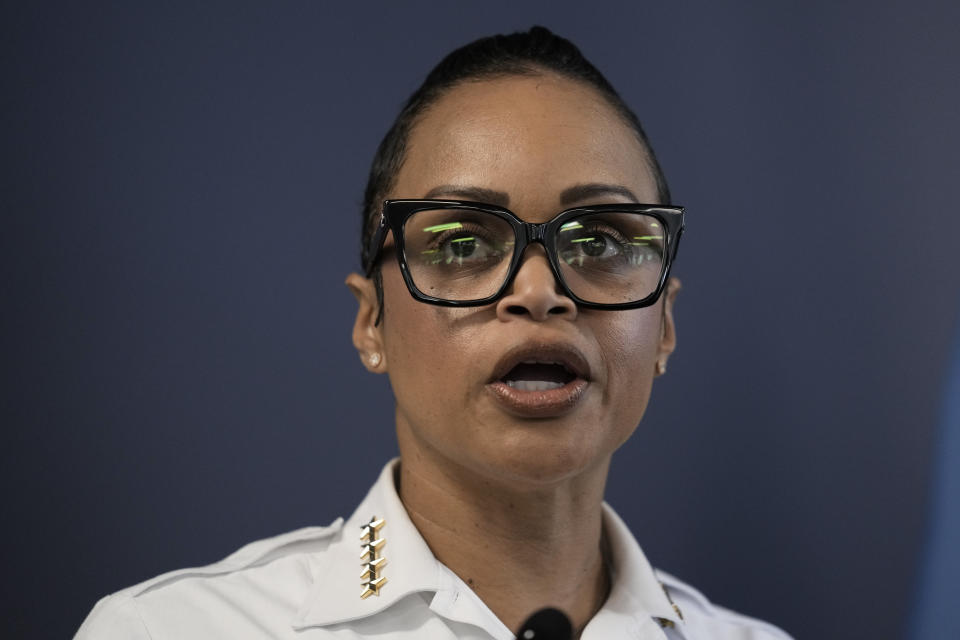 Philadelphia Police Commissioner Danielle Outlaw speaks with members of the media during a news conference in Philadelphia, Wednesday, Aug. 23, 2023. Officials announced plans to fire officer Mark Dial, who on Aug. 14, shot and killed Eddie Irizarry during a during a traffic stop. (AP Photo/Matt Rourke)