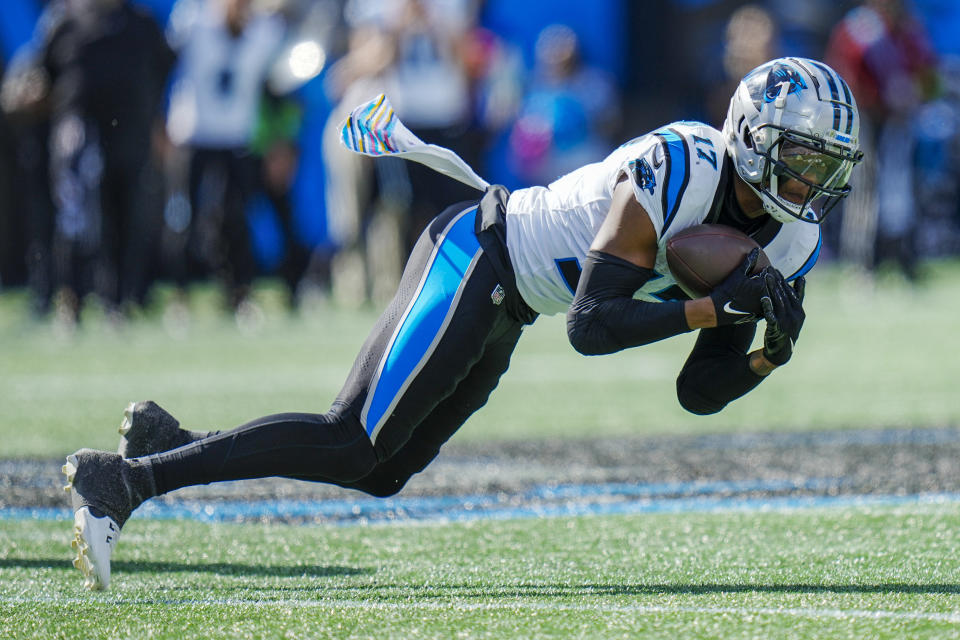 Carolina Panthers wide receiver DJ Chark Jr. catches a pass against the Minnesota Vikings during the second half of an NFL football game Sunday, Oct. 1, 2023, in Charlotte, N.C. (AP Photo/Rusty Jones)