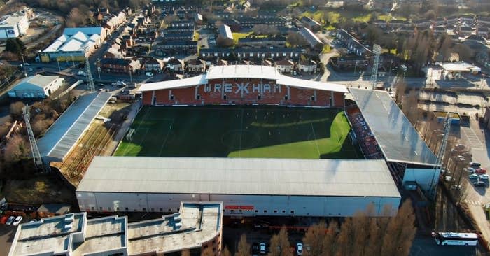 aerial  shot of the racecourse ground, wrexham afc's football stadium