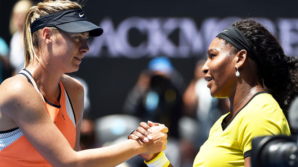 Serena Williams (pictured right) and Maria Sharapova (pictured left) shaking hands at the end of the match.