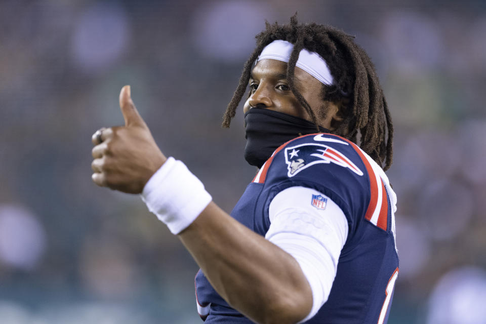 PHILADELPHIA, PA - AUGUST 19: Cam Newton #1 of the New England Patriots gives a thumbs up against the Philadelphia Eagles in the preseason game at Lincoln Financial Field on August 19, 2021 in Philadelphia, Pennsylvania. The Patriots defeated the Eagles 35-0. (Photo by Mitchell Leff/Getty Images)