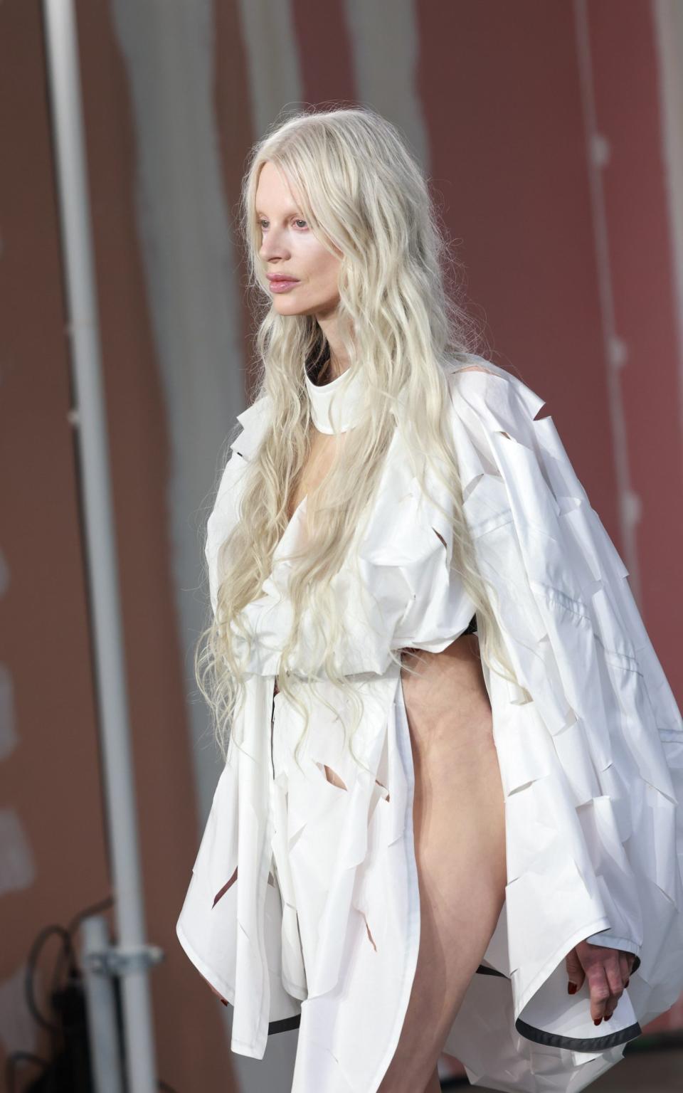 Kristen McMenamy walks the catwalk at the Vivienne Westwood Womenswear Fall/Winter 2024-2025