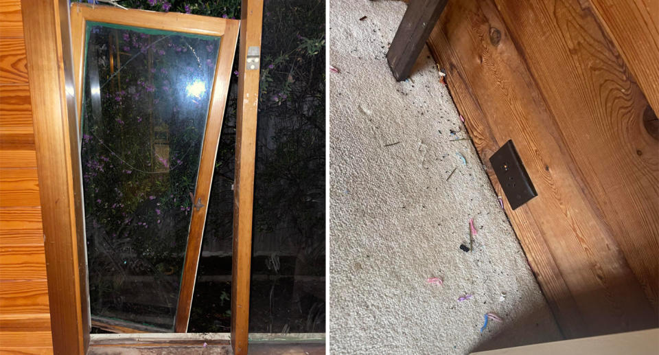 A photo of a broken window at the Melbourne rental. A photo of mess on the carpet.