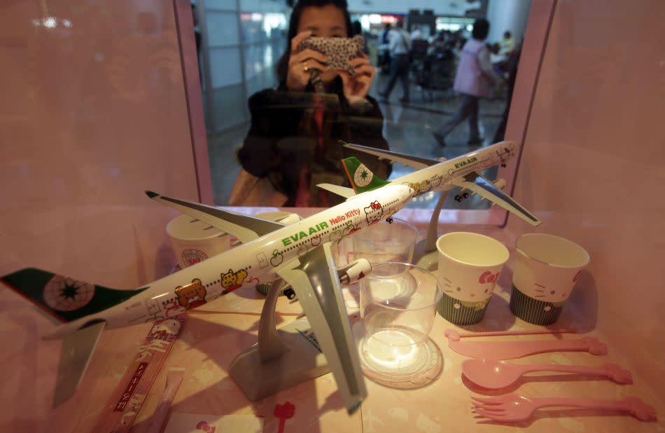 Hello Kitty-themed products are displayed in Taoyuan International Airport, northern Taiwan.