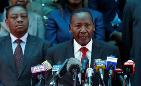 Kenya's Interior Minister Joseph Nkaissery addresses a news conference on the closing down of Dadaab refugee camp home to some 350,000 refugees, mainly Somalis who have fled drought, famine and war in Nairobi, Kenya, May 11, 2016. REUTERS/Thomas Mukoya