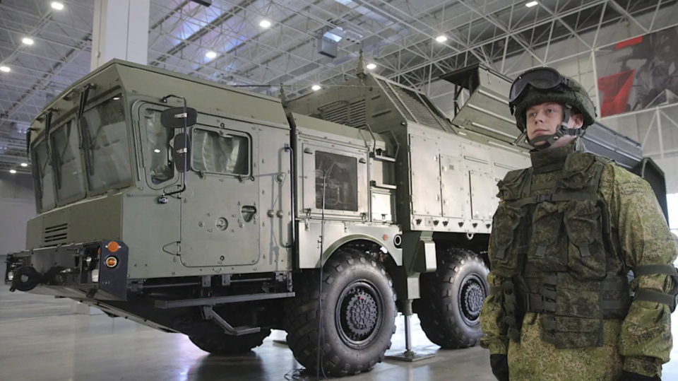 The Russian 9M729 ground-launched cruise missile and its associated transporter erector launcher, or TEL, during their first public appearance in 2019. <em>SERGEI BOBYLEV/TASS</em>