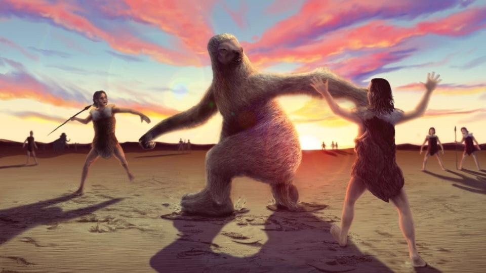 An artist’s reconstruction, based on recently discovered footprints, of prehistoric humans in present-day New Mexico hunting a giant ground sloth.