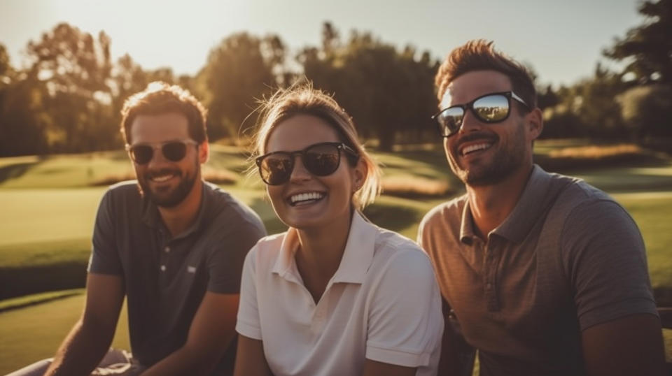 A group of happy golfers basking in the warm sun on a golf course.