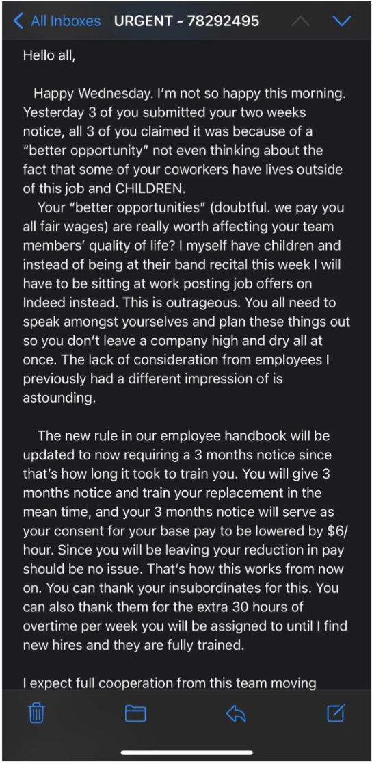 boss upset that people put in their notices without thinking of their coworkers who are parents and now the handbook will be changed to make it mandatory to give 3 months notice