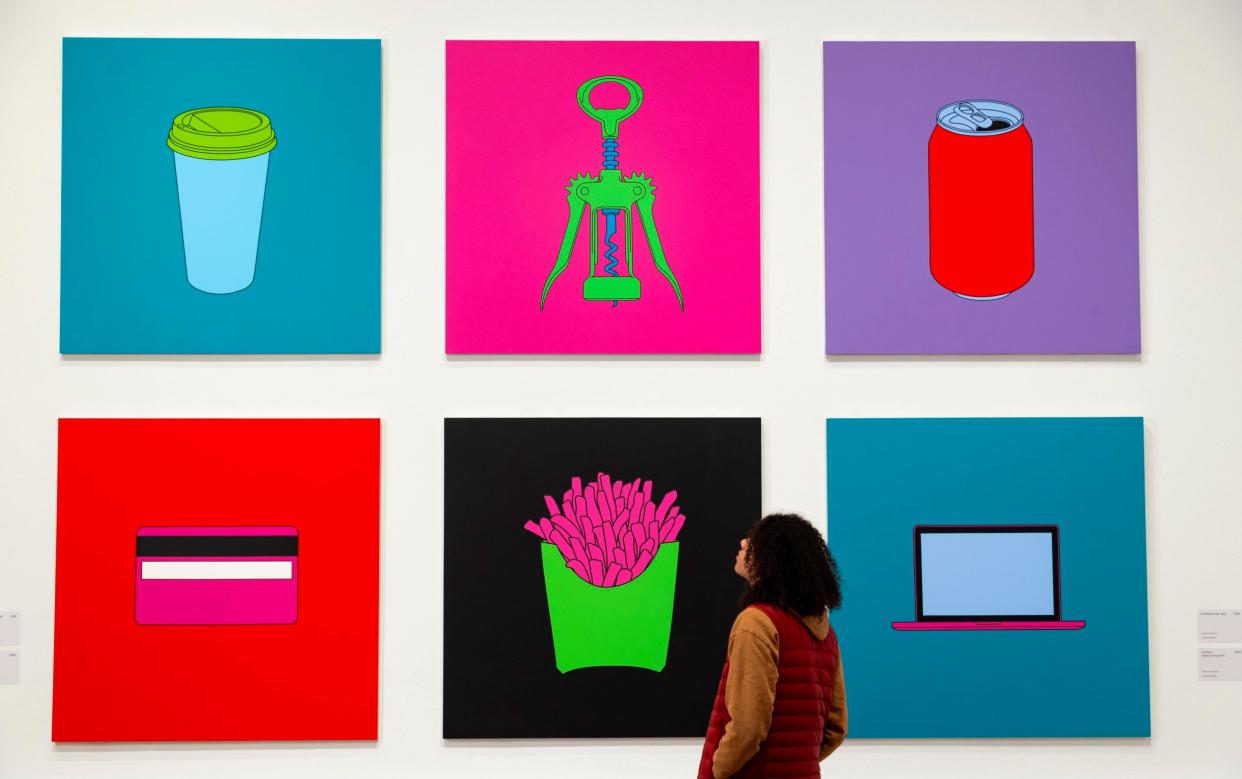 Paintings of everyday objects suffused with neon-bright colours