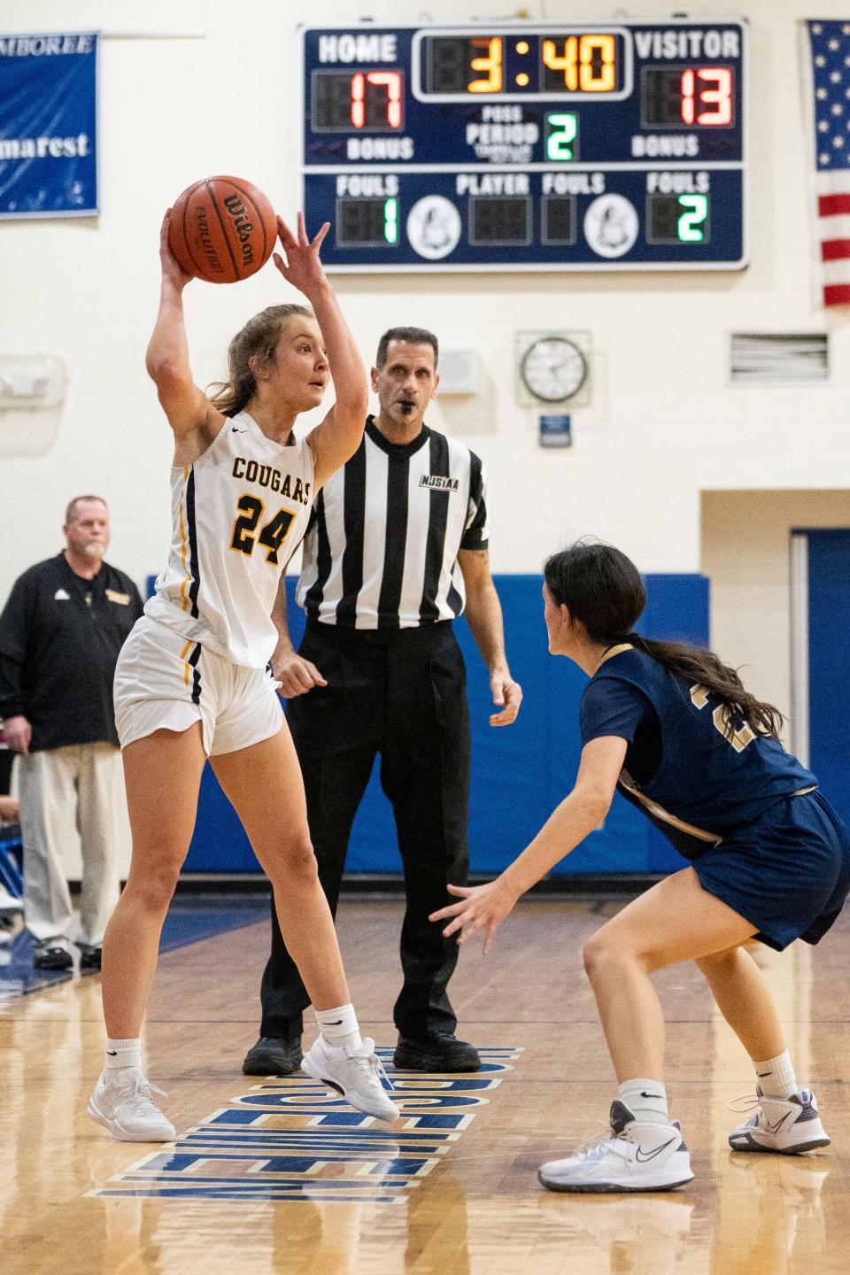 Feb 3, 2024; Demarest, NJ, USA; C #24 Maddie Morgan with the ball. Old Tappan goes up against Cresskill in the girls basketball Bergen County Tournament quarterfinals at Northern Valley Regional High School on Saturday.