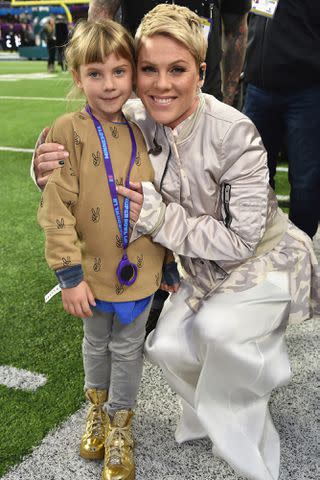 <p>Kevin Mazur/WireImage</p> Pink and Willow Hart attend Super Bowl LII Pregame show on February 4, 2018 in Minneapolis, Minnesota.