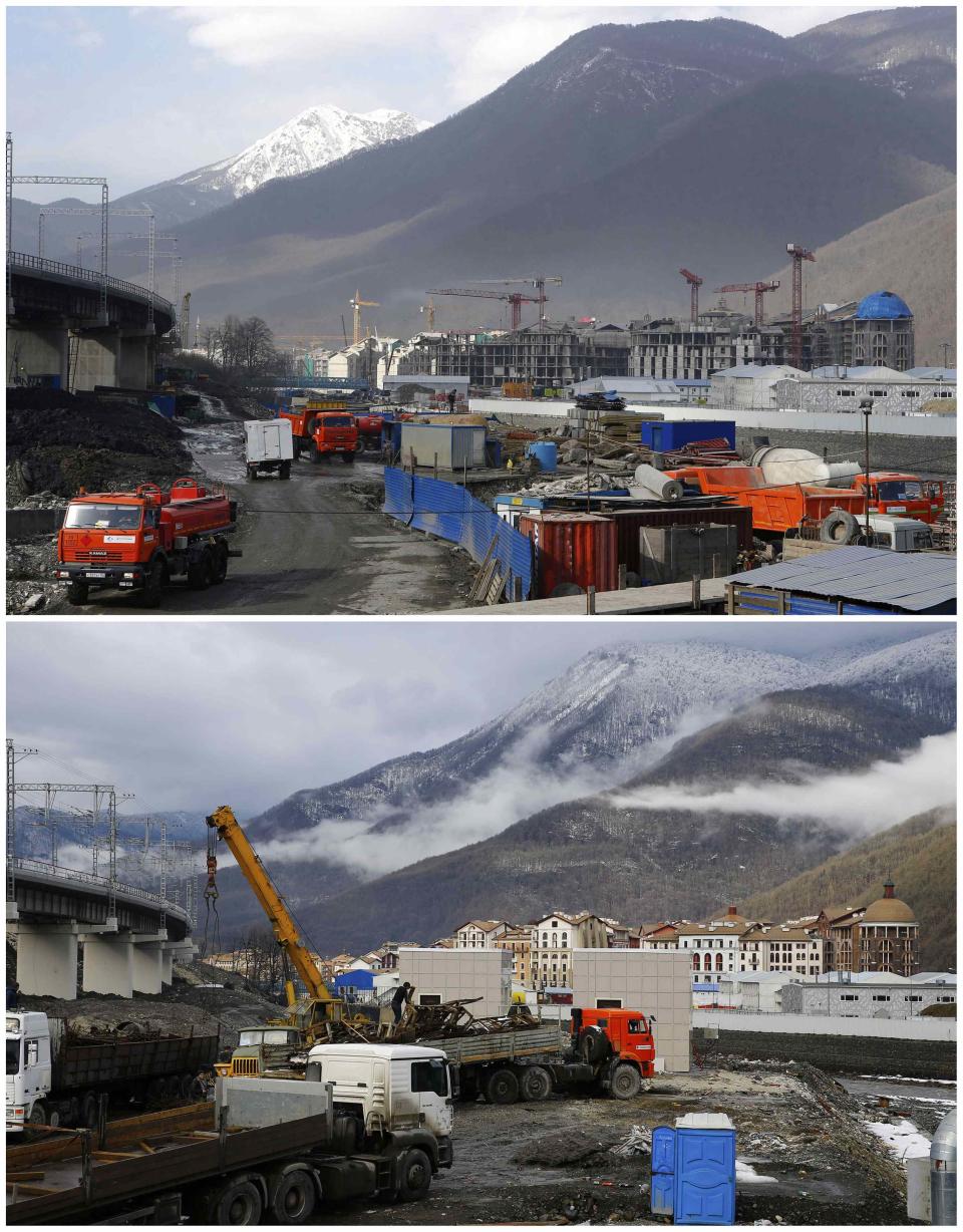 A combination of two pictures shows the development of construction within the last eleven months in the village of Krasnaya Polyana near Sochi