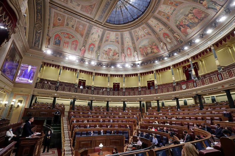 Spain's PM Sanchez speaks during a session at Parliament in Madrid