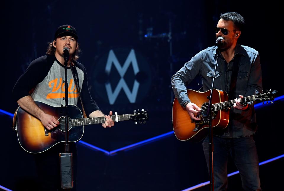 Country music singer and songwriter Morgan Wallen performs with Eric Church at Bridgestone Arena during his 2022 tour.