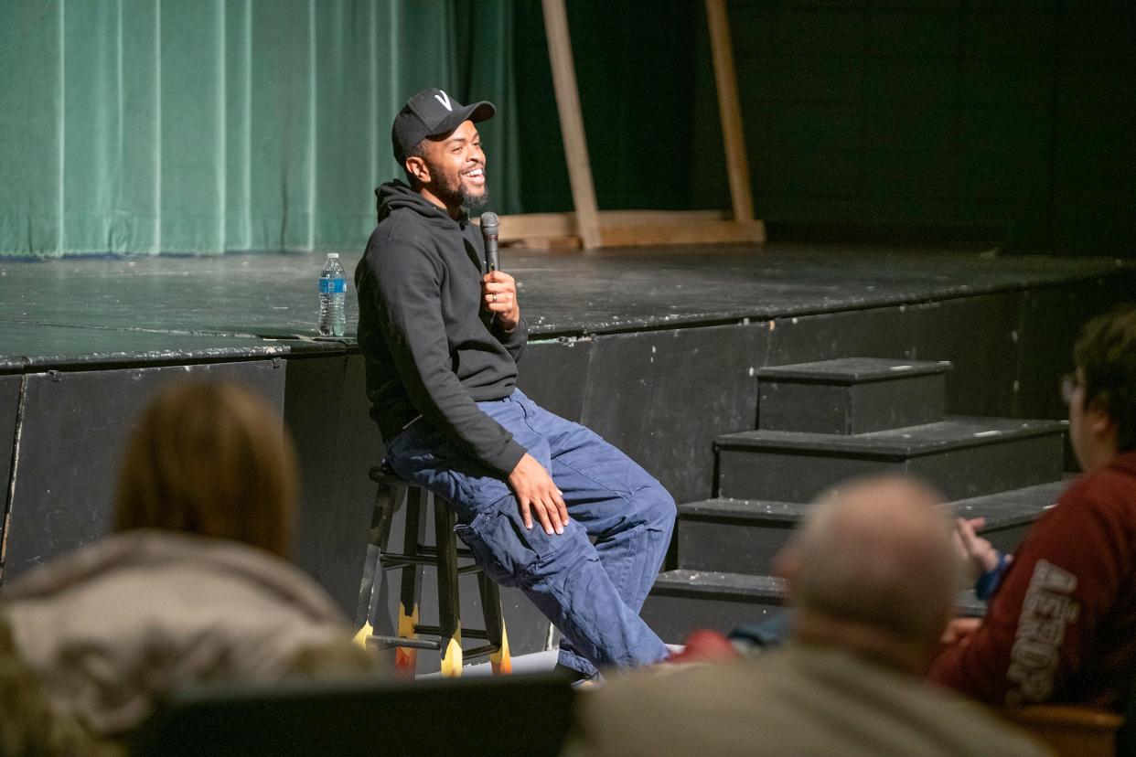 Brandon Leake, the spoken-word poet who won the 2020 edition of America’s Got Talent, speaks to students at Pueblo County High School on Wednesday, Jan. 25, 2023.