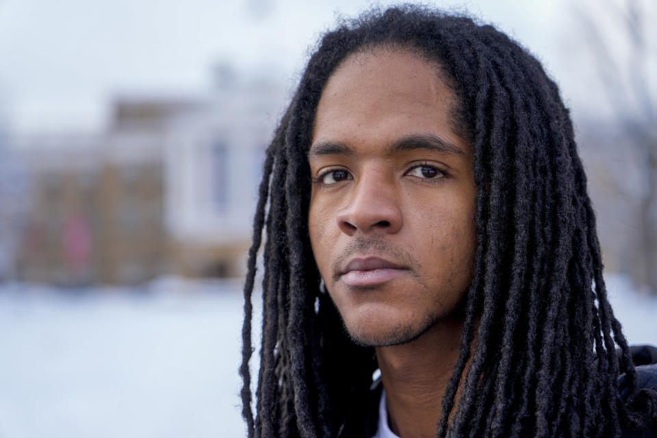 University of Wisconsin student Kaleb Autman poses for a photo outside Bascom Hall, Thursday, Jan. 11, 2024, in Madison, Wis. On college campuses, a newer version of free speech is emerging as young generations redraw the line where expression crosses into harm. (AP Photo/Morry Gash)