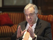 U.N. Secretary General Antonio Guterres speaks to The Associated Press in Lahore, Pakistan, Tuesday, Feb. 18, 2020. Guterres said Tuesday that the coronavirus outbreak that began in China "is not out of control but it is a very dangerous situation." Antonio Guterres said that "the risks are enormous and we need to be prepared worldwide for that." The outbreak has infected more than 73,000 people globally. (AP Photo/K.M. Chaudhry)