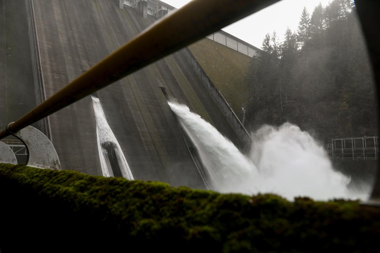 Water flows from Detroit Dam in Detroit in November 2020.