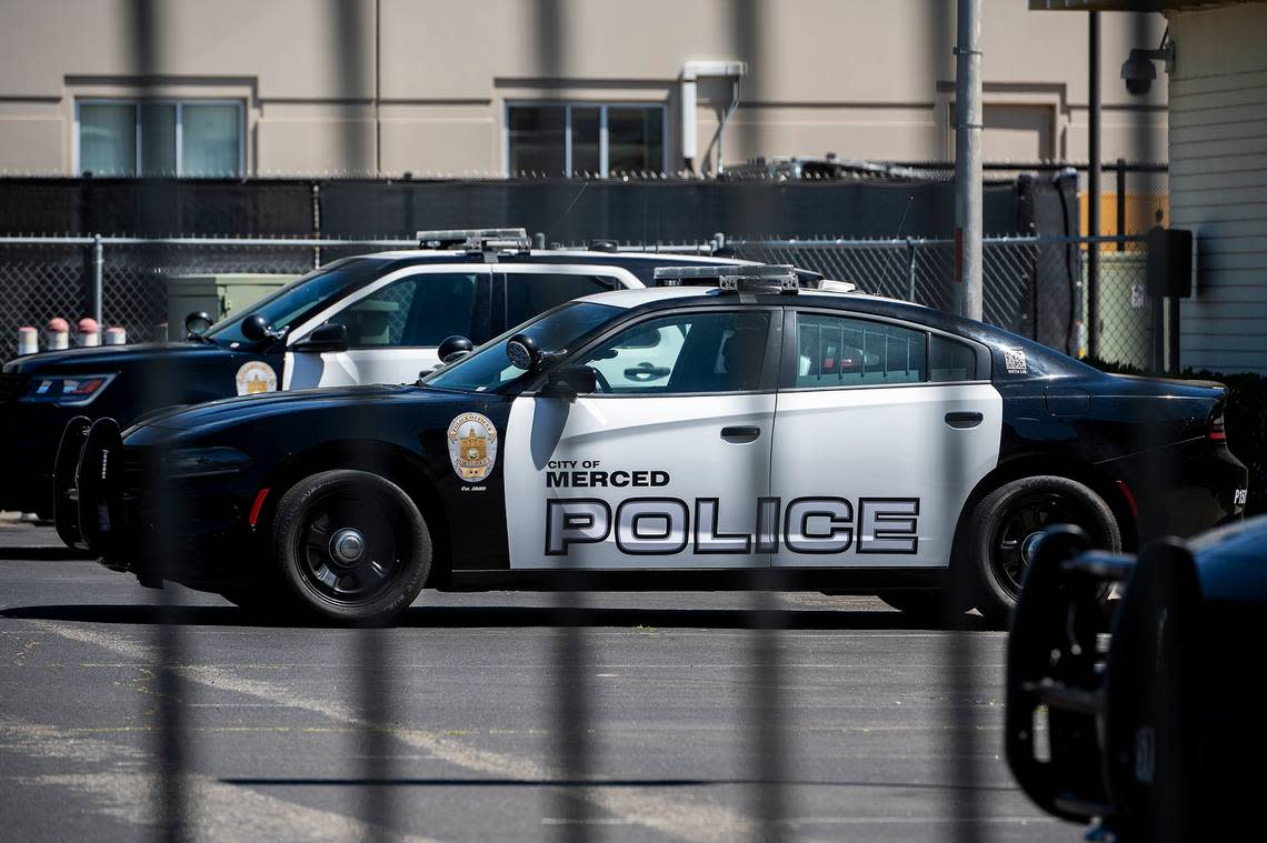 Merced Police Department patrol vehicles parked in the department lot in Merced, Calif., on Tuesday, April 12, 2022.