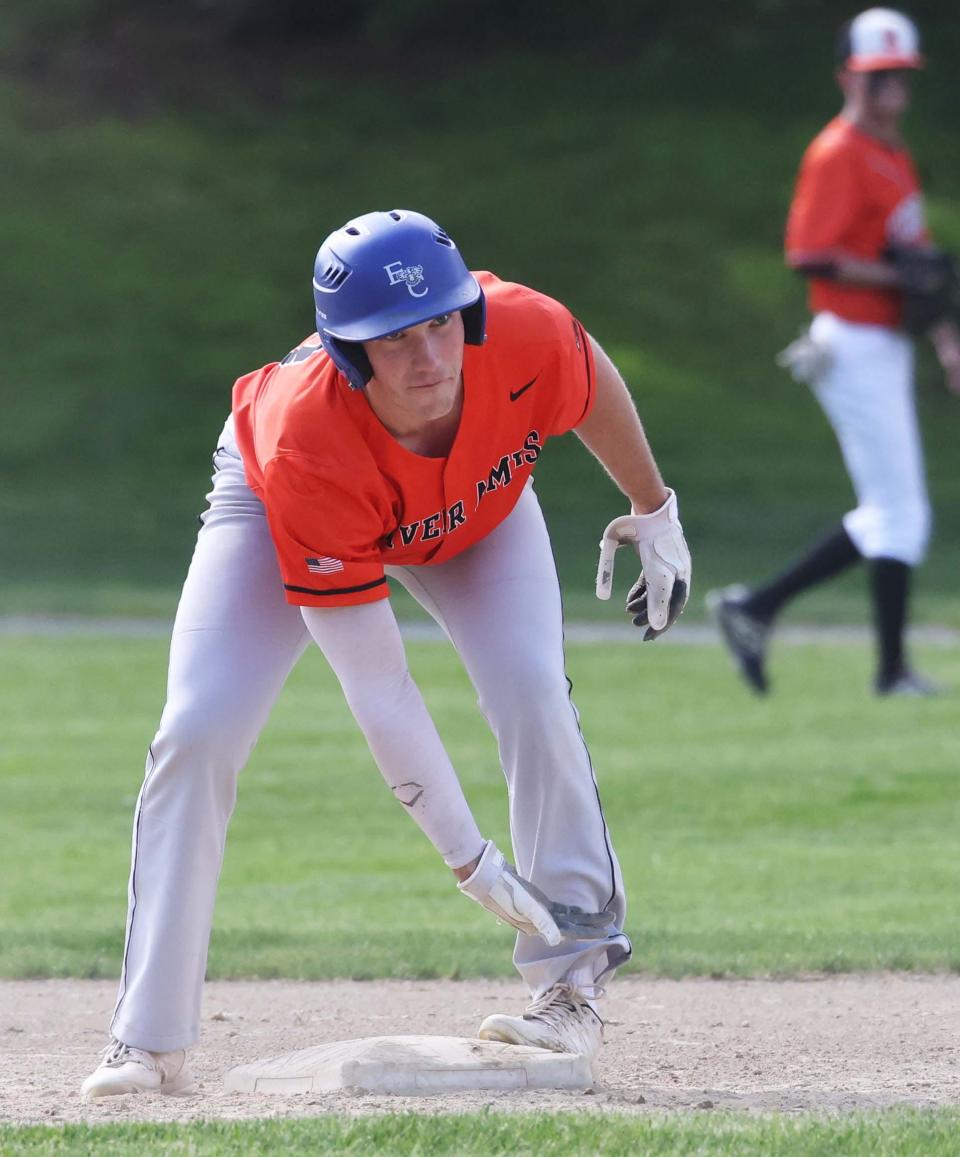 Oliver Ames's Patrick Finnerty reacts after hitting a double during a game versus Stoughton on Monday, May 16, 2022.