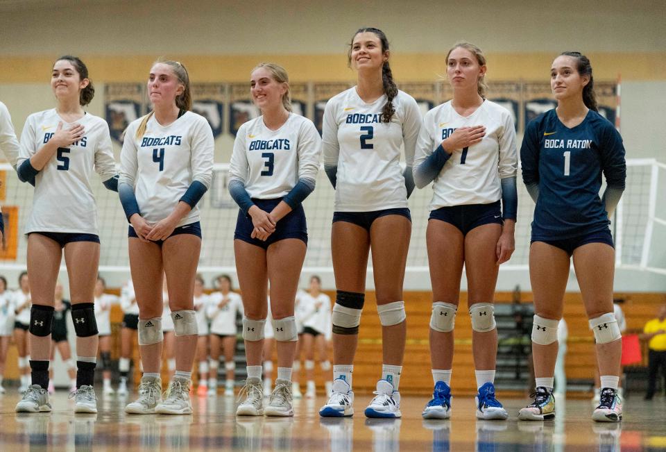 Boca Raton volleyball team during the national anthem in Boca Raton on September 15, 2022.
