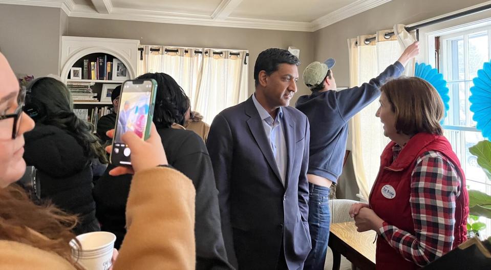 Rep. Ro Khanna talks to Cinde Warmington, who serves on New Hampshire's Executive Council and is running for governor.