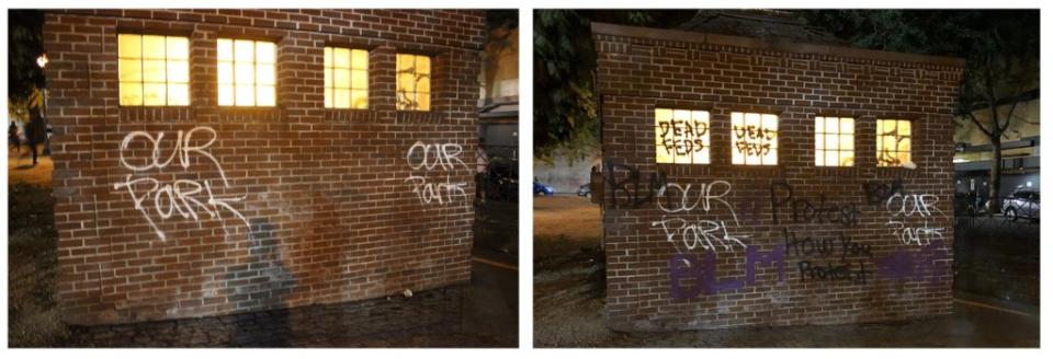 Portland protest graffiti. <b>Left</b>: Lownsdale Square public restroom wall on July 31 at 12:30 A.M. <b>Right</b>: Lownsdale Square public restroom wall on August 1 at 2:30 A.M.