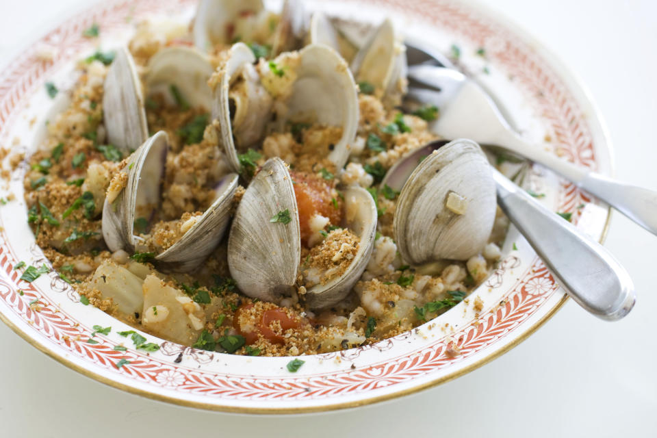 This Sept. 23, 2013 photo shows barley with clam sauce in Concord, N.H. The dish is a healthy alternative to white pasta with clams. (AP Photo/Matthew Mead)