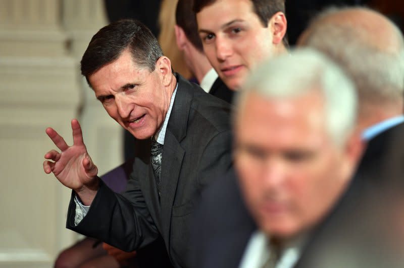 National security adviser Michael Flynn is seen during a press conference with President Donald Trump and Canadian Prime Minister Justin Trudeau at the White House in Washington, D.C., on February 13, 2017, hours before he resigned. File Photo by Kevin Dietsch/UPI