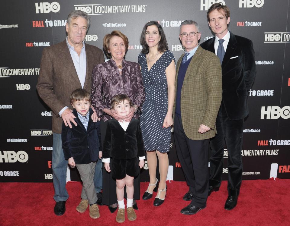 NEW YORK, NY - MARCH 21: (L-R) Paul Pelosi, his wife, Congresswoman Nancy Pelosi, their grandchildren Paul Vos (front L) and Thomas Vos, filmmaker Alexandra Pelosi, film subject, former NJ Governor Jim McGreevey and Alexandra's husband Michiel Vos attend the New York premiere of the HBO documentary Fall to Grace at Time Warner Center Screening Room on March 21, 2013 in New York City. (Photo by Michael Loccisano/Getty Images for HBO)