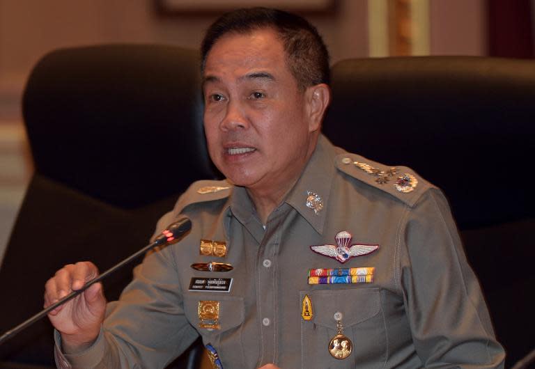 Thai national police chief Somyot Poompanmoung speaks during a press conference at Royal Thai Police Bureau in Bangkok, on March 19, 2015