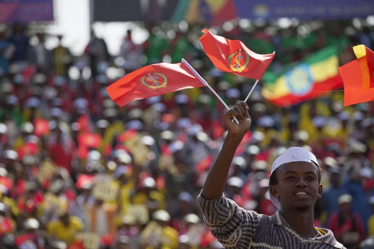 A youth waves the flag of the ruling Ethiopian Peoples Revolutionary Democratic Front (EPRDF) party during an election rally by the EPRDF on May 21, 2015 in Addis Ababa