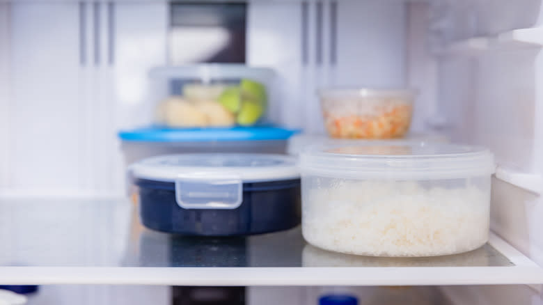 Plastic containers of food in the refrigerator