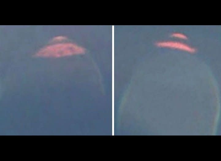 What appear to be pink-red UFOs are actually lens flares from the Google Earth street view camera as it snapped images in Texas (left) and New Mexico (right).   
